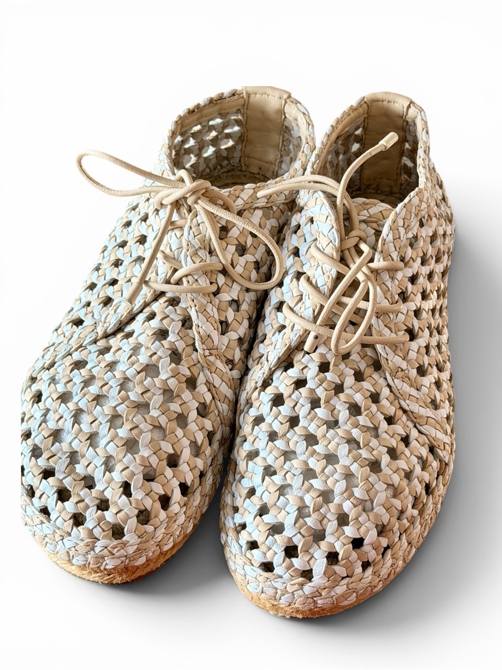 Zimmermann Woven Lace-Up Moccasins in Beige and Light Blue